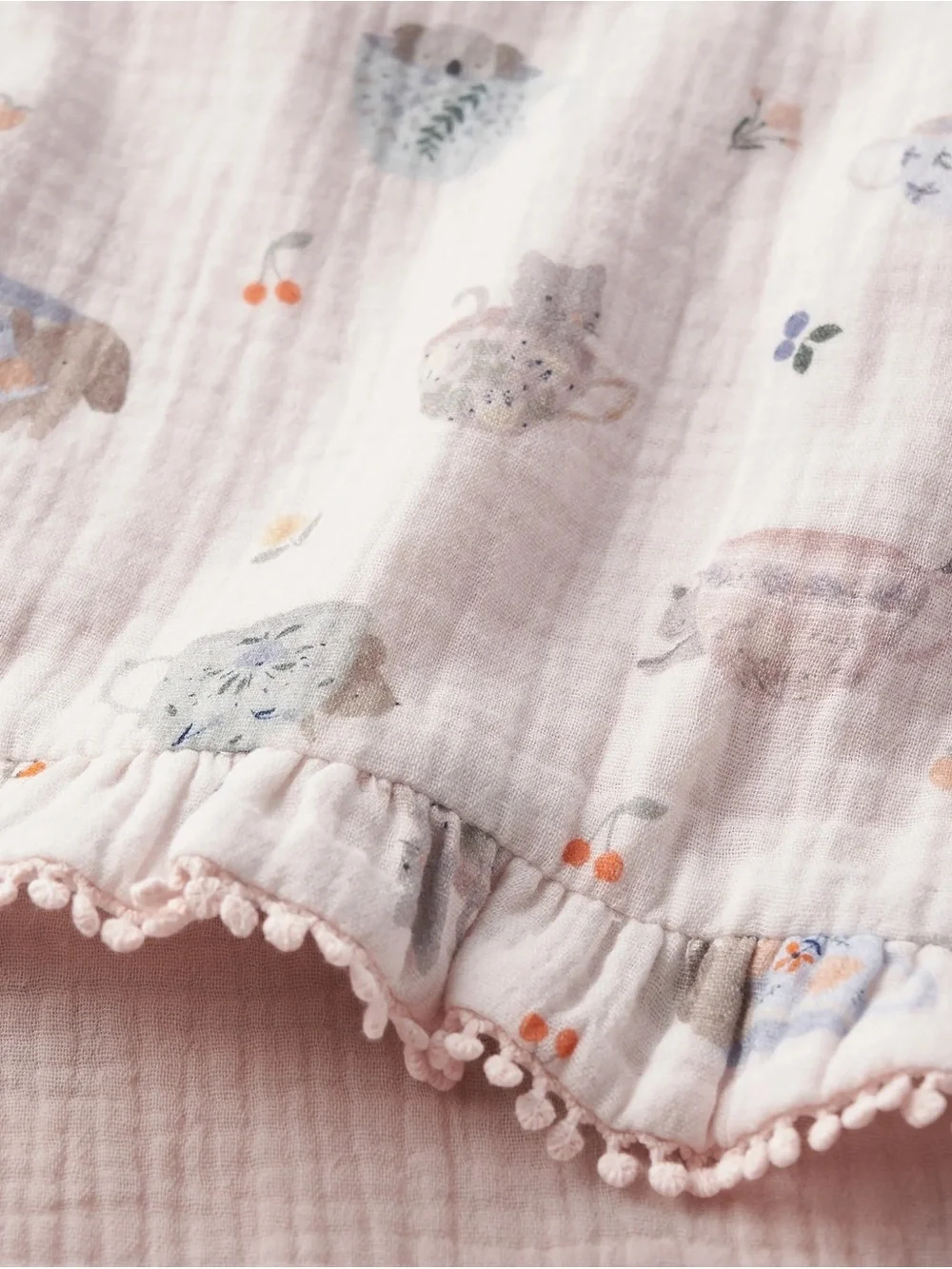 Ruffled Muslin Baby Blanket in Pale Pink Teacup Print